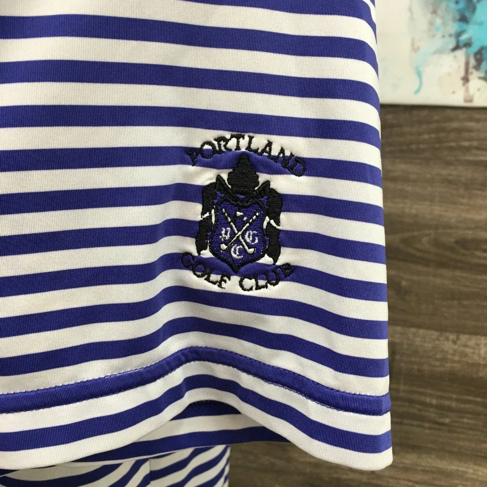 FootJoy Mens Large Blue White Striped Portland Golf Club Polo Shirt Short Sleeve